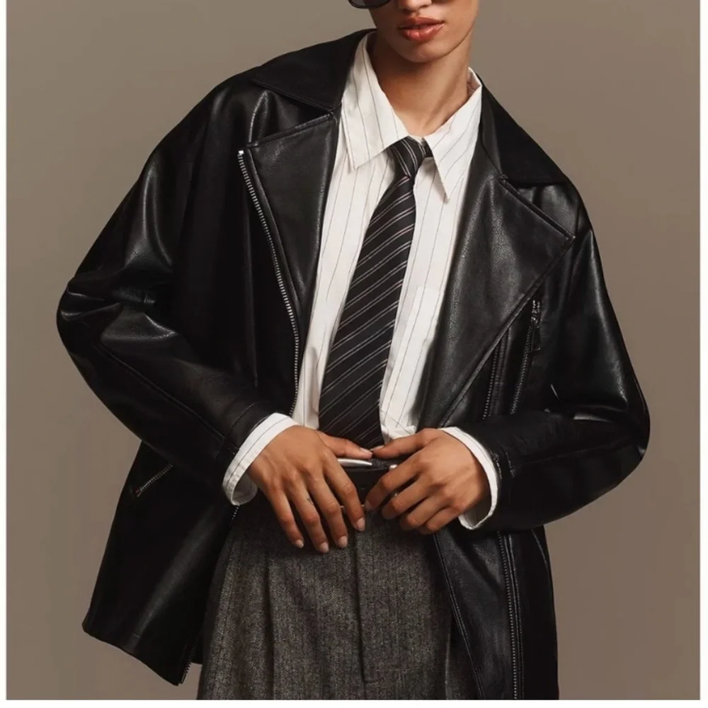 ANTHROPOLOGIE MAEVE Faux Leather Long Jacket‎ in Black Oversized XXS